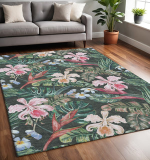 HomeRoots 5' X 8' Midnight Green and Pink Geometric Washable Area Rug – UV Protected & Stain Resistant Design 646339