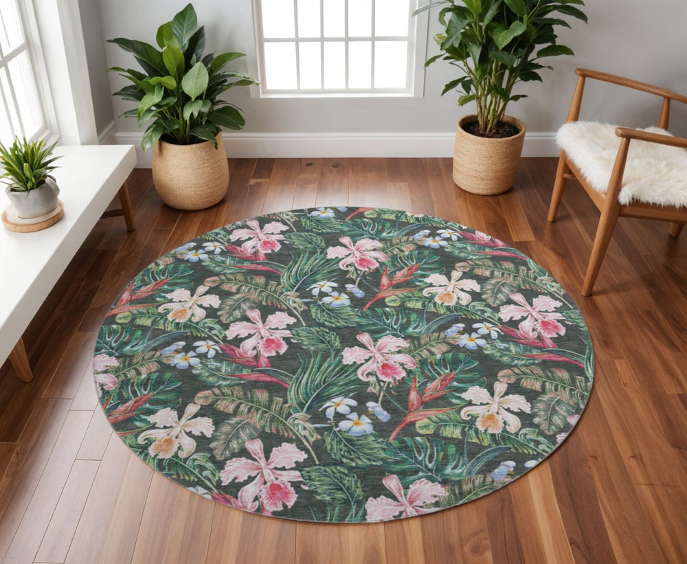HomeRoots 8' Stylish Midnight Green & Pink Geometric Washable Round Rug with UV Protection for Modern Homes 646340