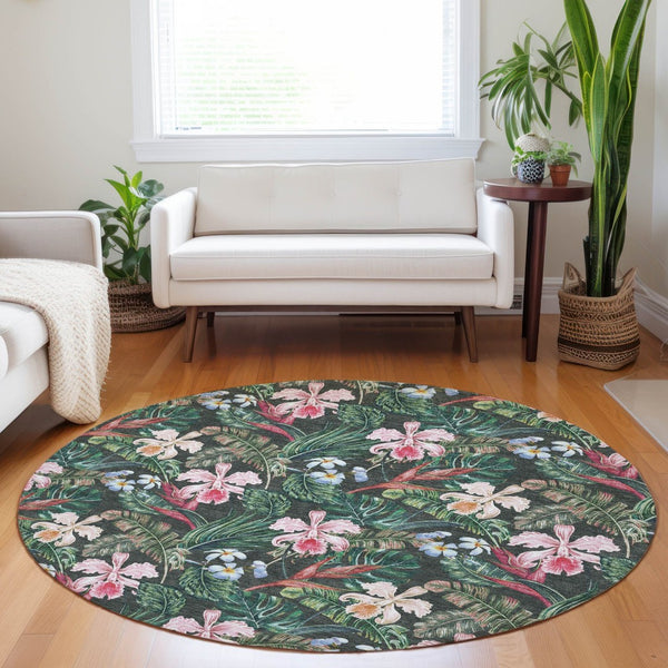 HomeRoots 8' Stylish Midnight Green & Pink Geometric Washable Round Rug with UV Protection for Modern Homes 646340