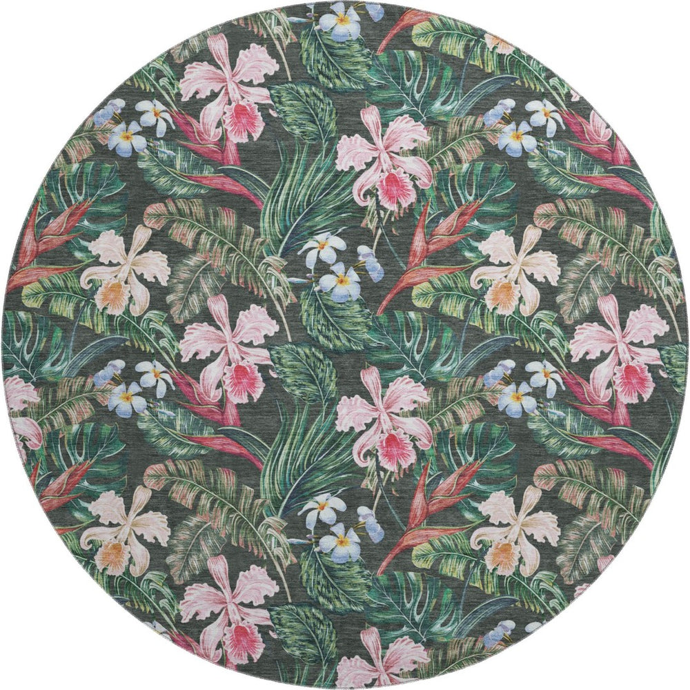 HomeRoots 8' Stylish Midnight Green & Pink Geometric Washable Round Rug with UV Protection for Modern Homes 646340