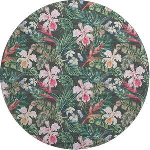 HomeRoots 8' Stylish Midnight Green & Pink Geometric Washable Round Rug with UV Protection for Modern Homes 646340