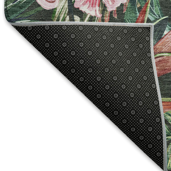 HomeRoots 8' Stylish Midnight Green & Pink Geometric Washable Round Rug with UV Protection for Modern Homes 646340