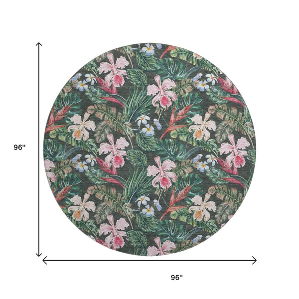 HomeRoots 8' Stylish Midnight Green & Pink Geometric Washable Round Rug with UV Protection for Modern Homes 646340
