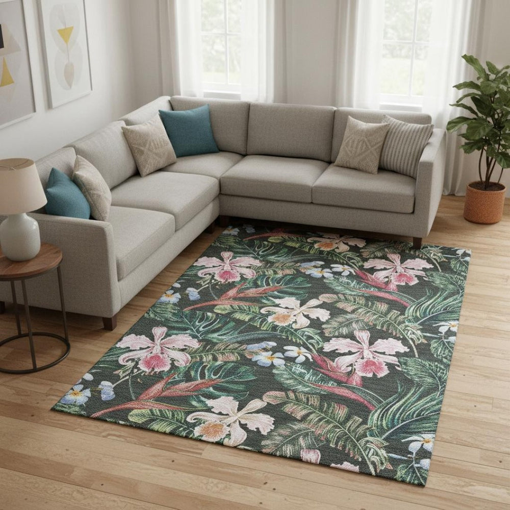 HomeRoots 8' X 10' Vibrant Midnight Green & Pink Geometric Washable Area Rug - UV Protected for All Spaces! 646341