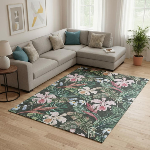 HomeRoots 9' X 12' Vibrant Midnight Green & Pink Geometric Washable Area Rug with UV Protection & Durability 646342