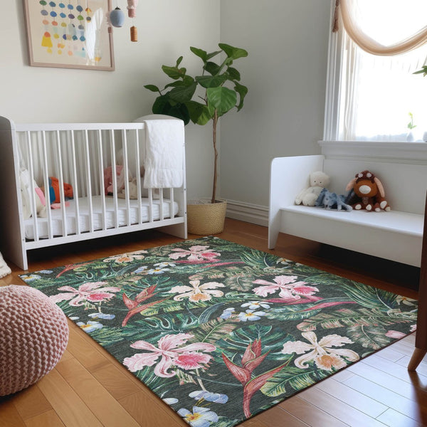 HomeRoots 10' X 14' Midnight Green & Pink Geometric Area Rug – Washable, UV Protected, Stylish & Durable! 646343
