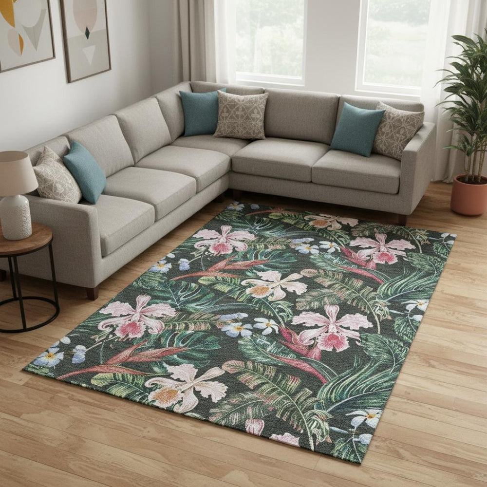 HomeRoots 10' X 14' Midnight Green & Pink Geometric Area Rug – Washable, UV Protected, Stylish & Durable! 646343