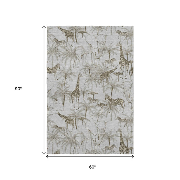 HomeRoots 5' X 8' Stylish Light Gray & Brown Geometric Washable Area Rug with UV Protection for Homes 646345