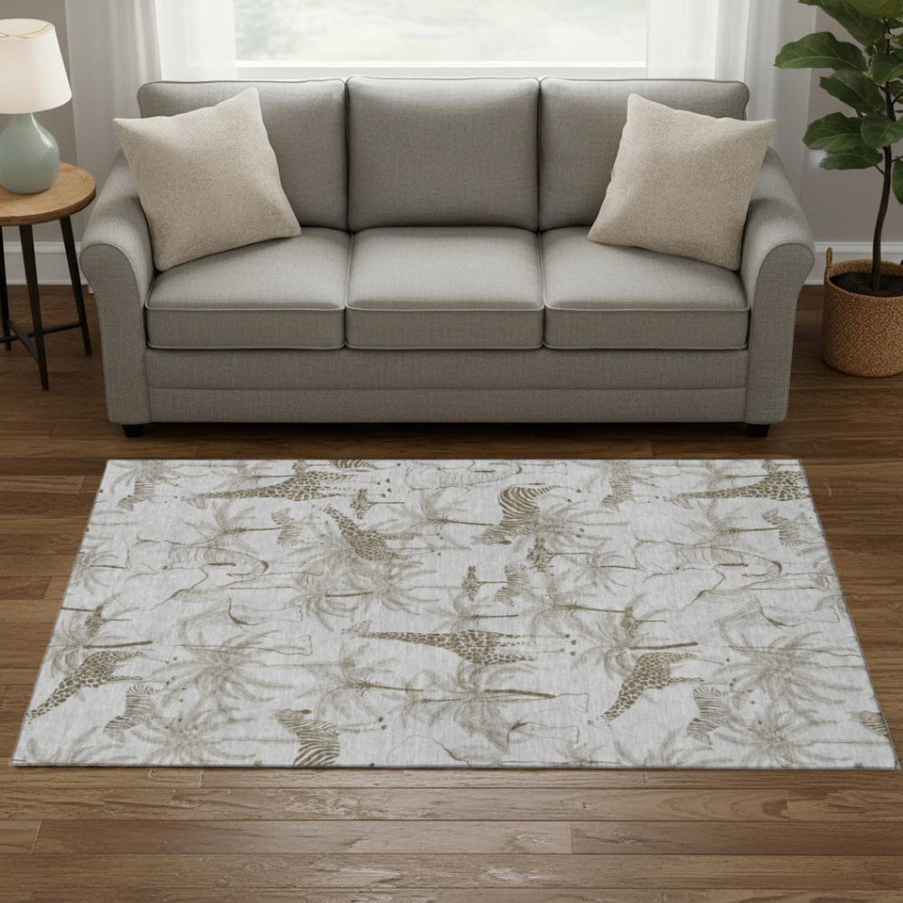 HomeRoots 5' X 8' Stylish Light Gray & Brown Geometric Washable Area Rug with UV Protection for Homes 646345