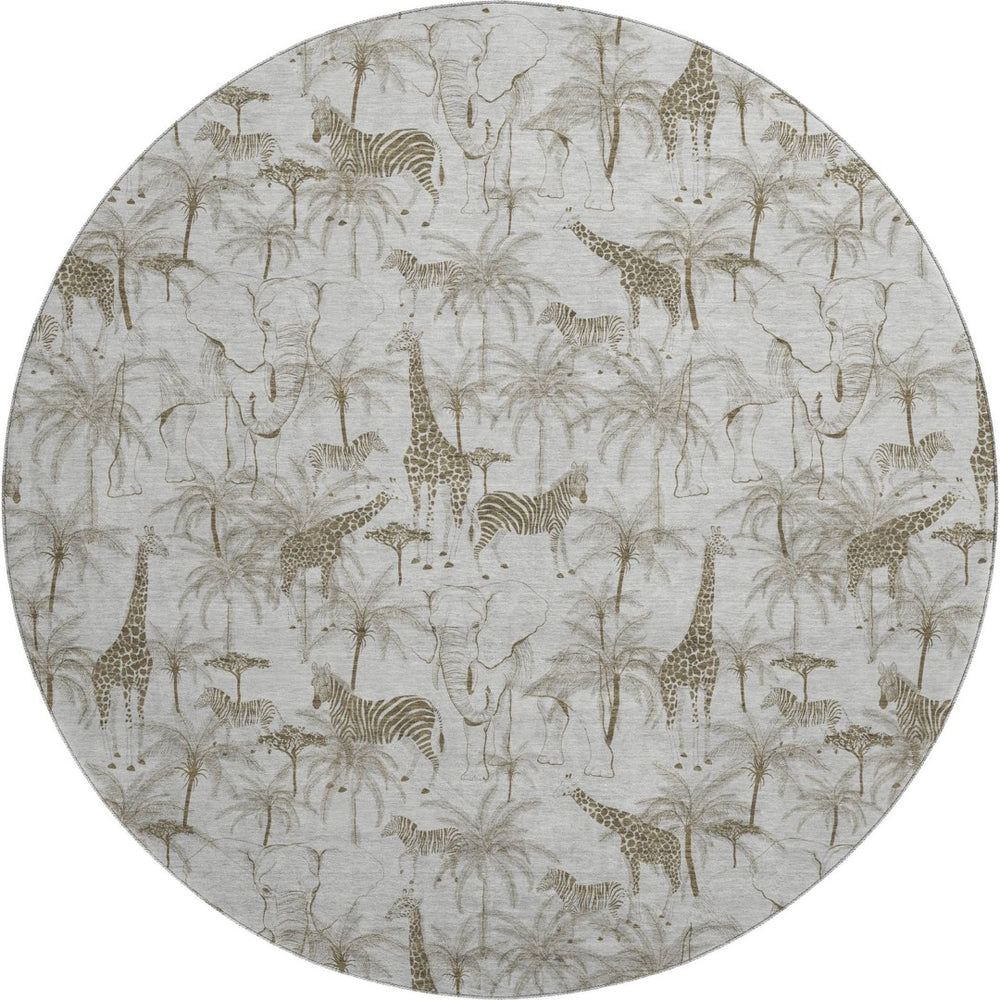 HomeRoots 8' Light Gray and Brown Geometric Washable Round Rug with UV Protection for Modern Living Spaces 646346