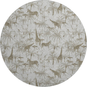 HomeRoots 8' Light Gray and Brown Geometric Washable Round Rug with UV Protection for Modern Living Spaces 646346