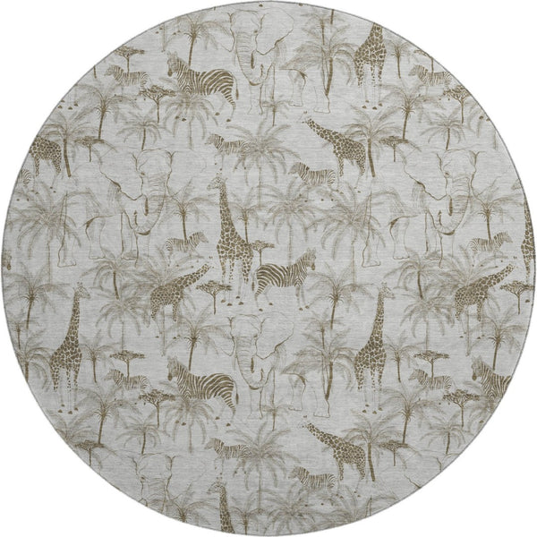 HomeRoots 8' Light Gray and Brown Geometric Washable Round Rug with UV Protection for Modern Living Spaces 646346