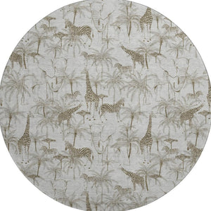 HomeRoots 8' Light Gray and Brown Geometric Washable Round Rug with UV Protection for Modern Living Spaces 646346