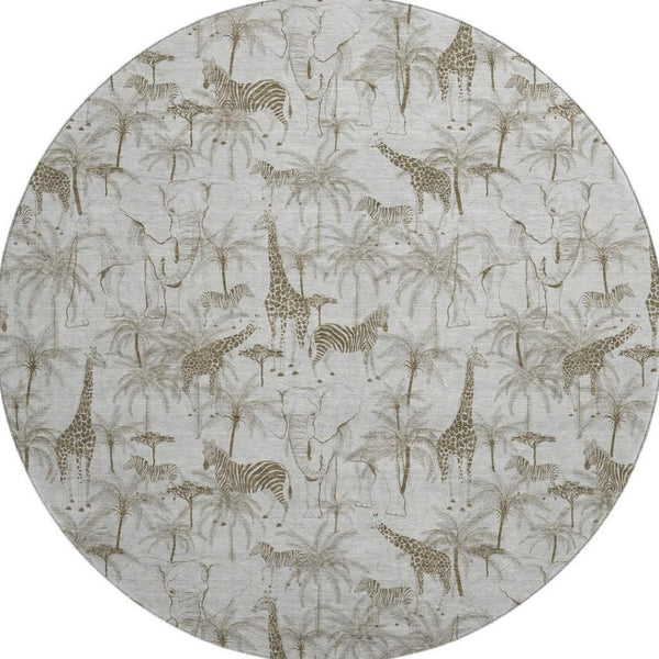 HomeRoots 8' Light Gray and Brown Geometric Washable Round Rug with UV Protection for Modern Living Spaces 646346