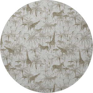 HomeRoots 8' Light Gray and Brown Geometric Washable Round Rug with UV Protection for Modern Living Spaces 646346