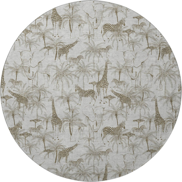 HomeRoots 8' Light Gray and Brown Geometric Washable Round Rug with UV Protection for Modern Living Spaces 646346