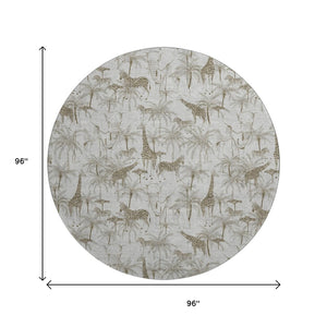 HomeRoots 8' Light Gray and Brown Geometric Washable Round Rug with UV Protection for Modern Living Spaces 646346