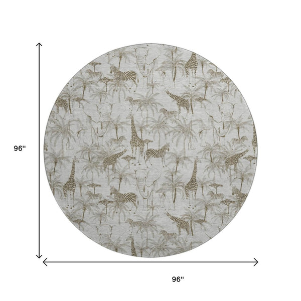 HomeRoots 8' Light Gray and Brown Geometric Washable Round Rug with UV Protection for Modern Living Spaces 646346