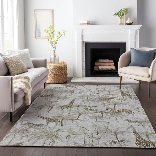 HomeRoots 9' X 12' Light Gray & Brown Geometric Washable Area Rug - UV Protected, Durable & Stylish Home Decor 646348
