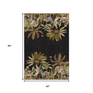 HomeRoots 5' Geometric Washable Area Rug in Midnight Brown & Olive Green with UV Protection for High Traffic Areas 646351