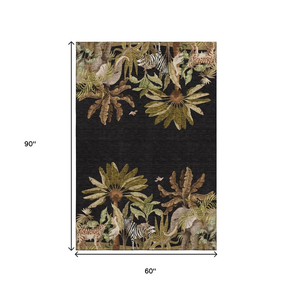 HomeRoots 5' Geometric Washable Area Rug in Midnight Brown & Olive Green with UV Protection for High Traffic Areas 646351