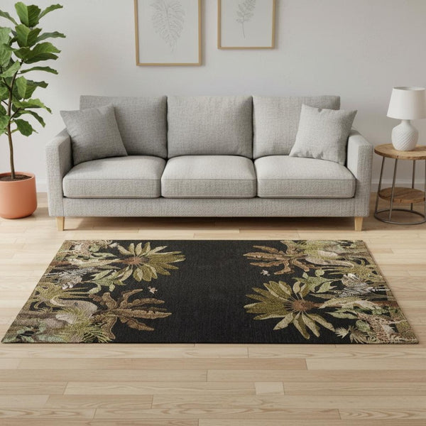 HomeRoots 5' Geometric Washable Area Rug in Midnight Brown & Olive Green with UV Protection for High Traffic Areas 646351