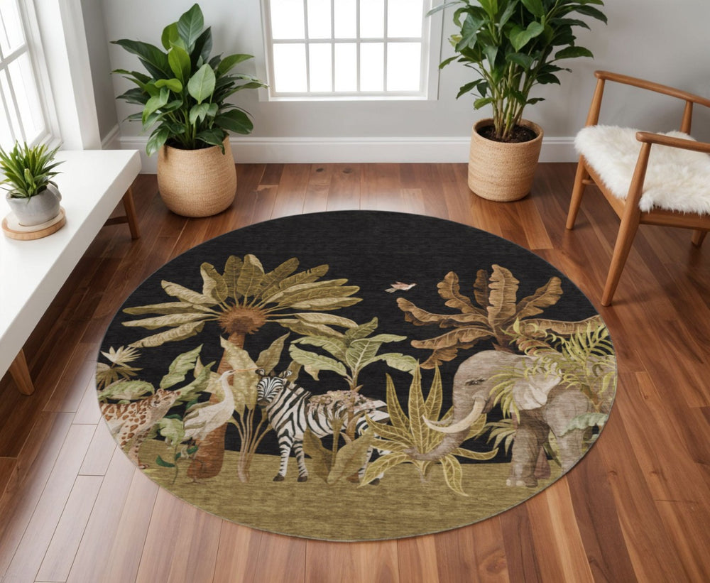 HomeRoots 8' Geometric Washable Round Rug in Midnight Brown & Olive Green – Durable, UV-Protected, Stylish Decor 646352