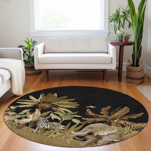 HomeRoots 8' Geometric Washable Round Rug in Midnight Brown & Olive Green – Durable, UV-Protected, Stylish Decor 646352