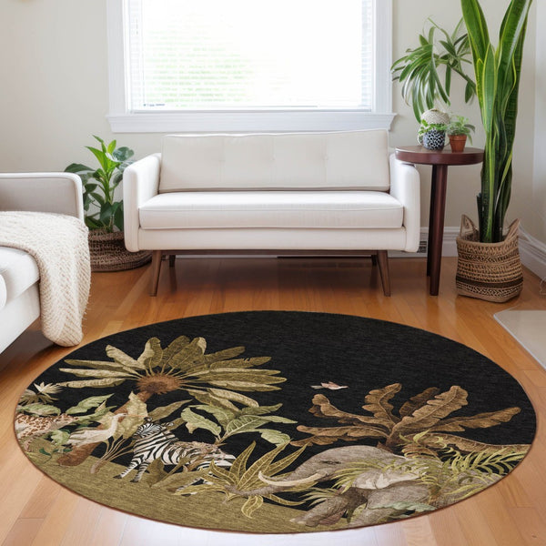 HomeRoots 8' Geometric Washable Round Rug in Midnight Brown & Olive Green – Durable, UV-Protected, Stylish Decor 646352