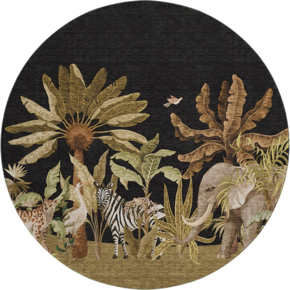 HomeRoots 8' Geometric Washable Round Rug in Midnight Brown & Olive Green – Durable, UV-Protected, Stylish Decor 646352