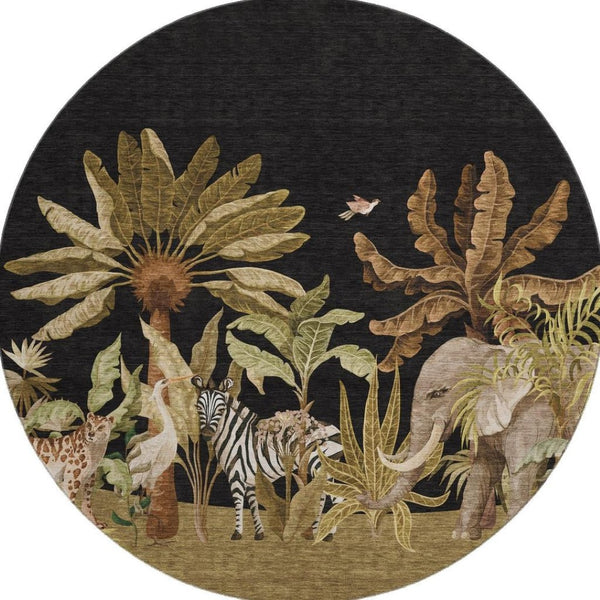 HomeRoots 8' Geometric Washable Round Rug in Midnight Brown & Olive Green – Durable, UV-Protected, Stylish Decor 646352