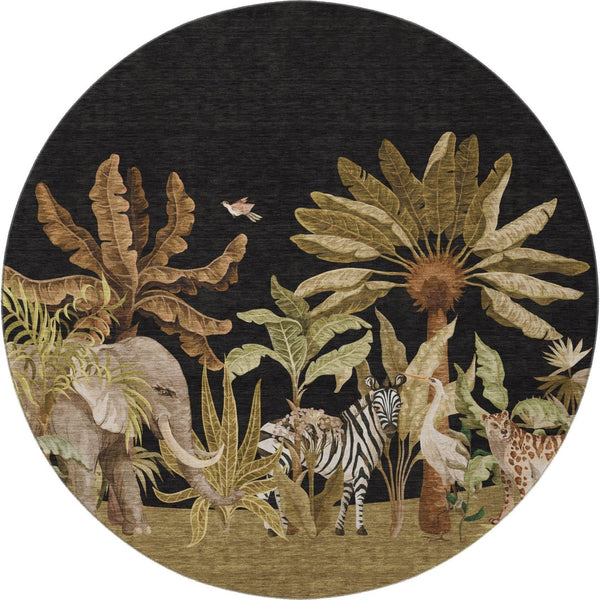HomeRoots 8' Geometric Washable Round Rug in Midnight Brown & Olive Green – Durable, UV-Protected, Stylish Decor 646352