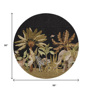 HomeRoots 8' Geometric Washable Round Rug in Midnight Brown & Olive Green – Durable, UV-Protected, Stylish Decor 646352