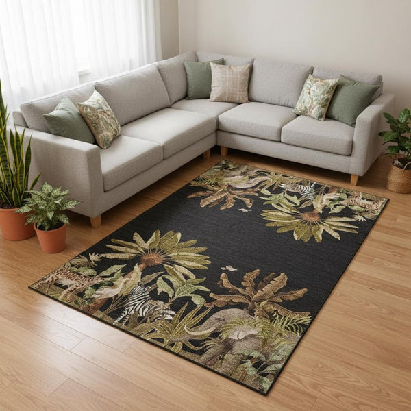 HomeRoots 8' X 10' Washable Geometric Area Rug in Midnight Brown & Olive Green with UV Protection for Homes 646353