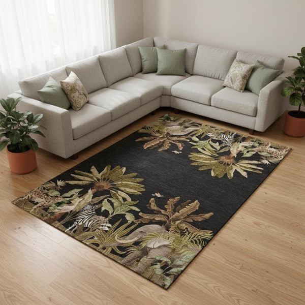 HomeRoots 8' X 10' Washable Geometric Area Rug in Midnight Brown & Olive Green with UV Protection for Homes 646353