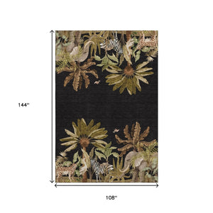 HomeRoots 9' X 12' Midnight Brown & Olive Green Geometric Area Rug - Washable, Stain-Resistant, UV Protected Decor 646354