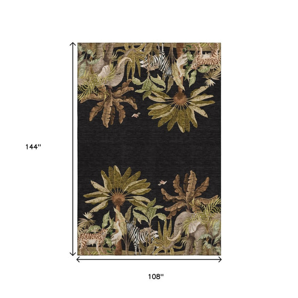 HomeRoots 9' X 12' Midnight Brown & Olive Green Geometric Area Rug - Washable, Stain-Resistant, UV Protected Decor 646354