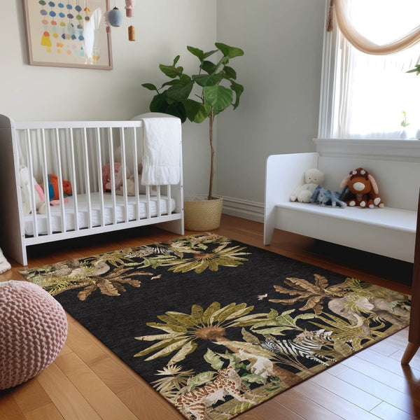 HomeRoots 9' X 12' Midnight Brown & Olive Green Geometric Area Rug - Washable, Stain-Resistant, UV Protected Decor 646354