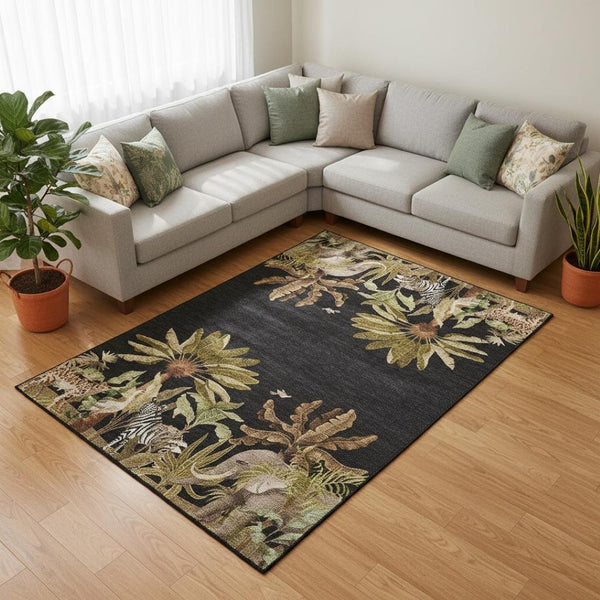 HomeRoots 9' X 12' Midnight Brown & Olive Green Geometric Area Rug - Washable, Stain-Resistant, UV Protected Decor 646354