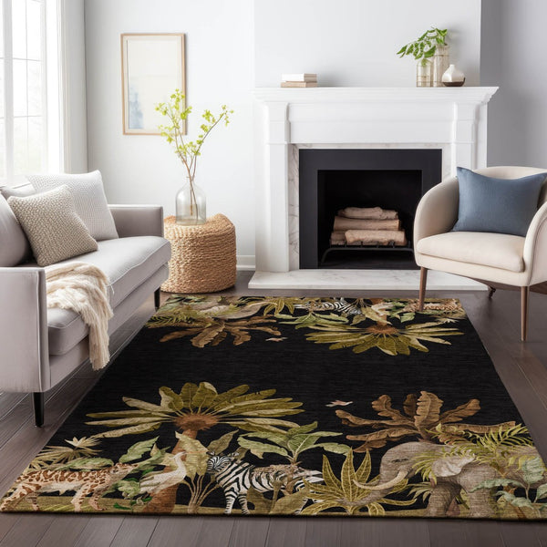 HomeRoots 9' X 12' Midnight Brown & Olive Green Geometric Area Rug - Washable, Stain-Resistant, UV Protected Decor 646354