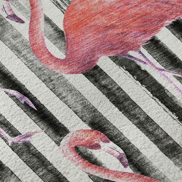 HomeRoots 5' X 8' Pink Black And White Geometric Area Rug - Washable, UV-Protected, Durable for Homes & Patios 646357