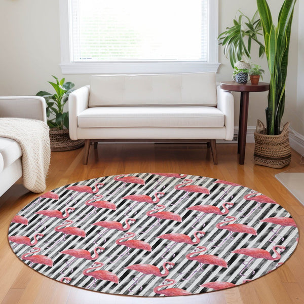 HomeRoots 8' Pink Black and White Geometric Round Rug - Stylish, Washable, UV-Protected for Modern Spaces 646358