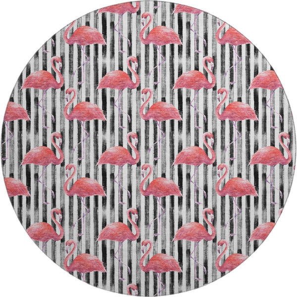HomeRoots 8' Pink Black and White Geometric Round Rug - Stylish, Washable, UV-Protected for Modern Spaces 646358