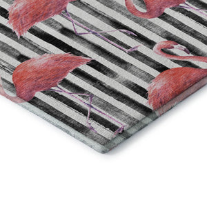 HomeRoots 8' Pink Black and White Geometric Round Rug - Stylish, Washable, UV-Protected for Modern Spaces 646358