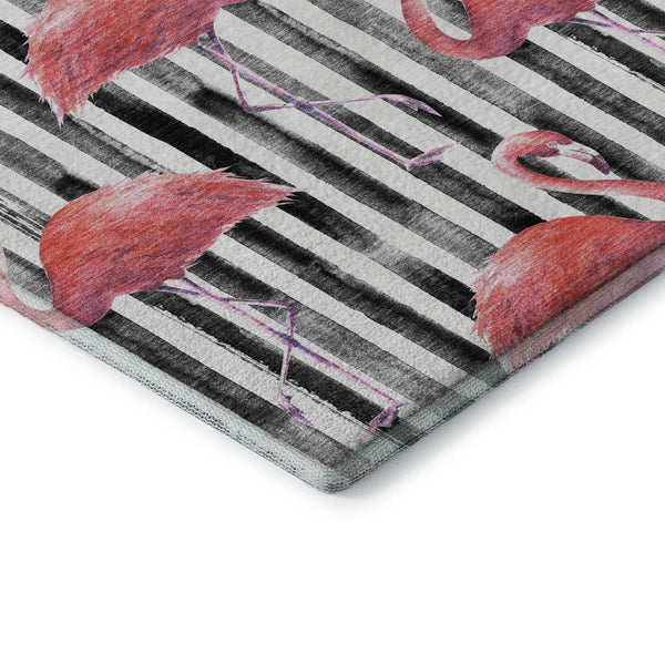 HomeRoots 8' Pink Black and White Geometric Round Rug - Stylish, Washable, UV-Protected for Modern Spaces 646358