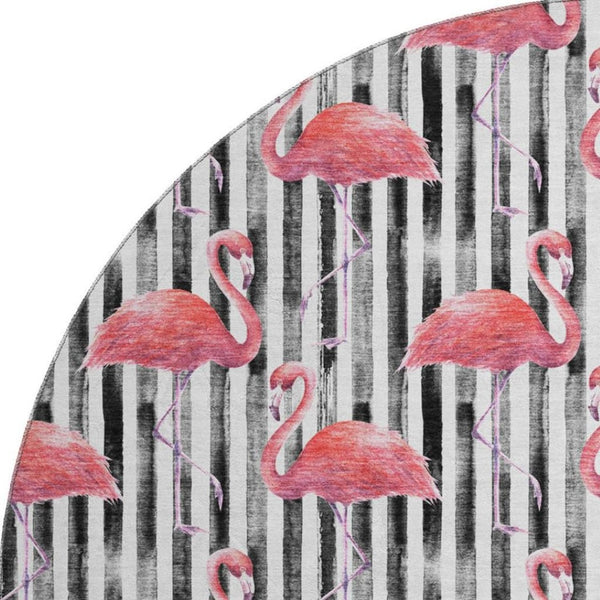 HomeRoots 8' Pink Black and White Geometric Round Rug - Stylish, Washable, UV-Protected for Modern Spaces 646358