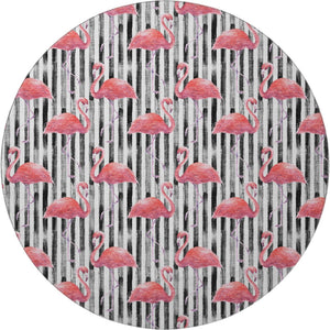HomeRoots 8' Pink Black and White Geometric Round Rug - Stylish, Washable, UV-Protected for Modern Spaces 646358