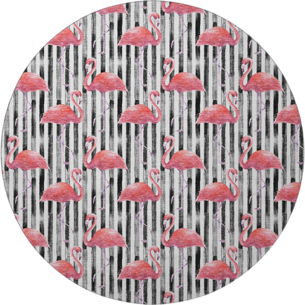 HomeRoots 8' Pink Black and White Geometric Round Rug - Stylish, Washable, UV-Protected for Modern Spaces 646358