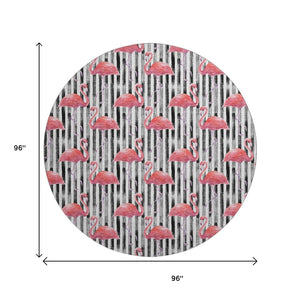 HomeRoots 8' Pink Black and White Geometric Round Rug - Stylish, Washable, UV-Protected for Modern Spaces 646358