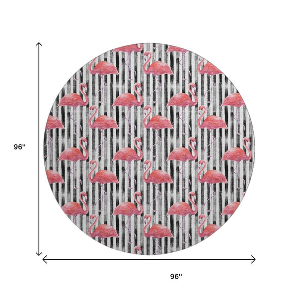 HomeRoots 8' Pink Black and White Geometric Round Rug - Stylish, Washable, UV-Protected for Modern Spaces 646358